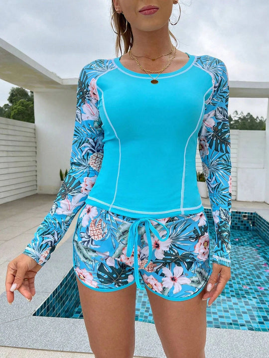 Damen Langarm Surf-Badeanzug mit floralem Muster EB
