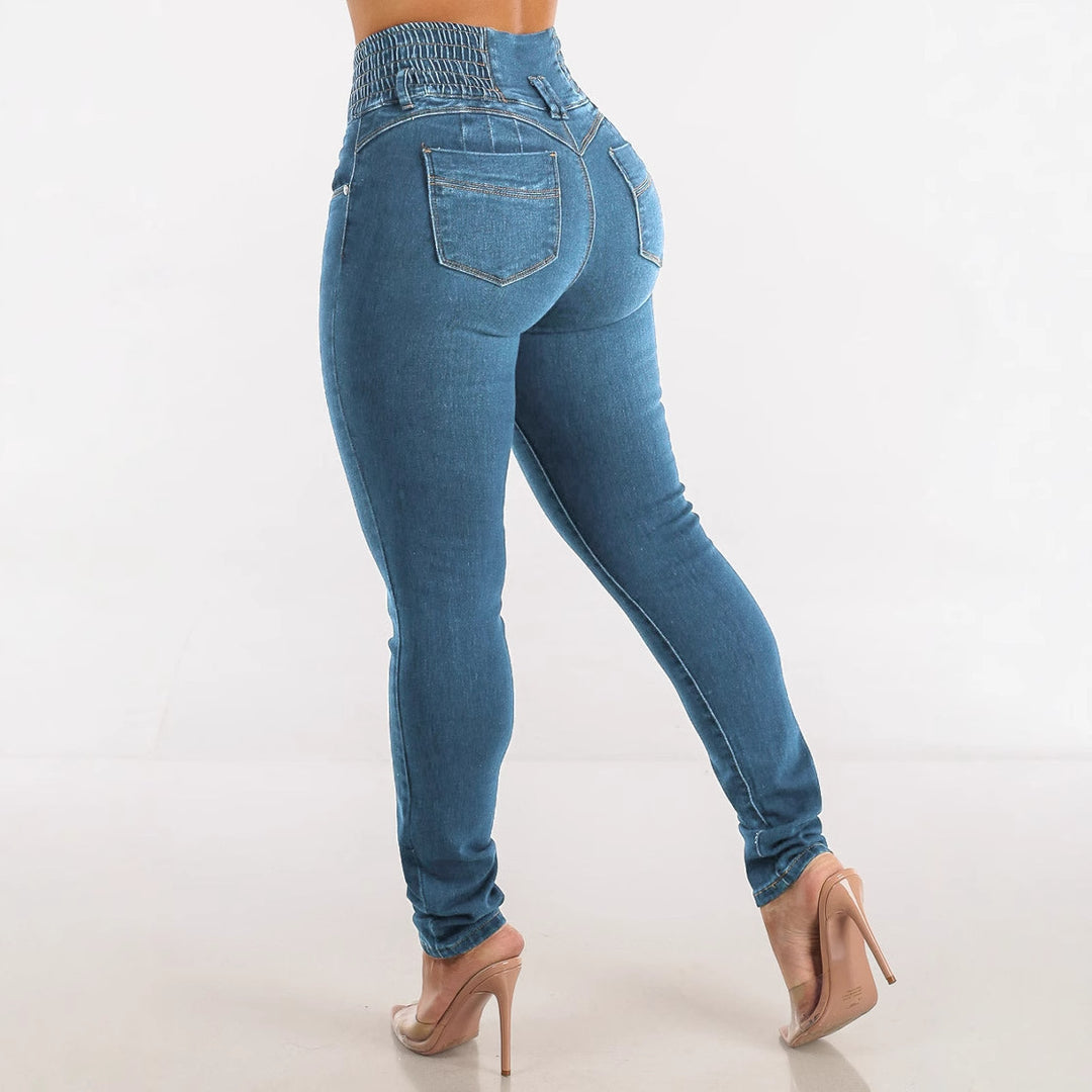 Damen High-Waist Skinny Jeans mit elastischem Bund EB