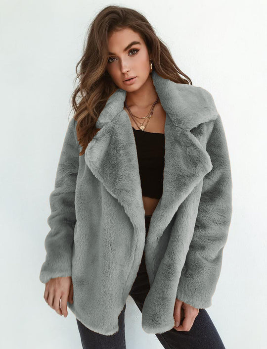 Damen Fleece-Mantel mit weitem Kragen und modischem Schnitt EB