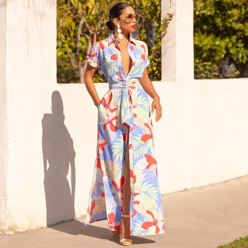 Damen Maxikleid mit floralem Muster und schickem Hemdkragen EB