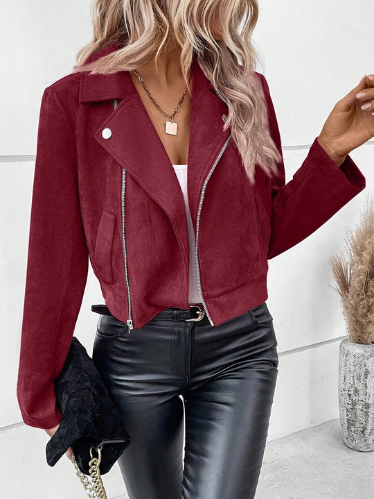 Damen Stylische Bikerjacke aus Kunstleder mit asymmetrischem Reißverschluss EB