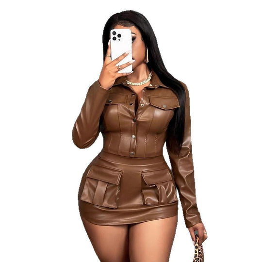Damen Kunstleder Minikleid mit praktischen Klappentaschen EB