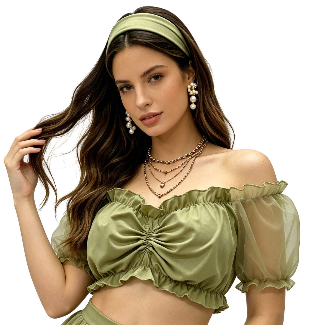 Damen nan gerafftes Crop Top mit Carmenausschnitt und transparenten Organzaärmeln EB