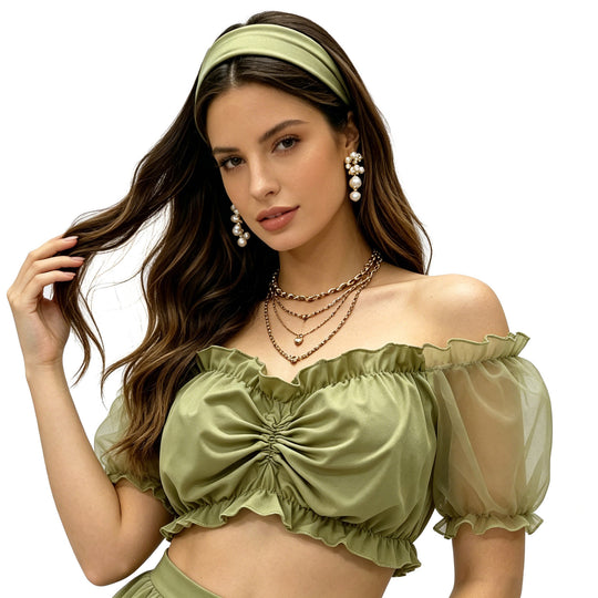 Damen nan gerafftes Crop Top mit Carmenausschnitt und transparenten Organzaärmeln EB