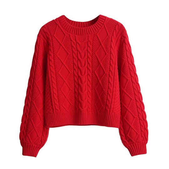 Damen Grobstrickpullover mit kreativem Zopfmuster und weit geschnittenen Ärmeln EB