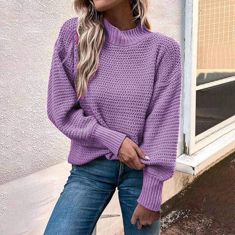 Damen modischer Strickpullover mit hohem Kragen und strukturiertem Muster EB
