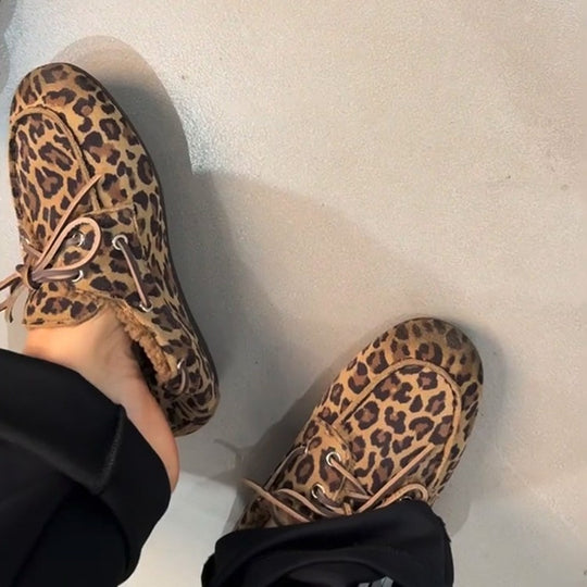 Damen Mokassins mit tierischem Muster und luxuriösem Fellfutter EB