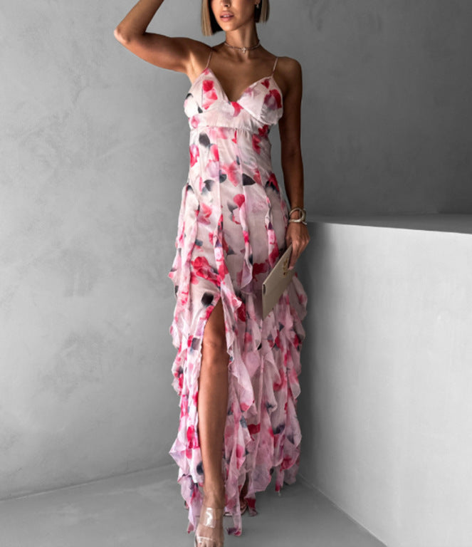 Damen Fließendes Chiffon Maxikleid mit Rüschendetails und floralen Akzenten EB