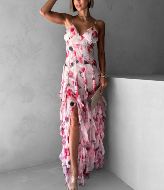 Damen Fließendes Chiffon Maxikleid mit Rüschendetails und floralen Akzenten EB