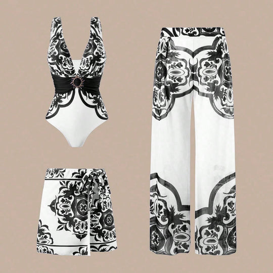 Damen Eleganter Badeanzug mit passendem Strandhosen-Set EB
