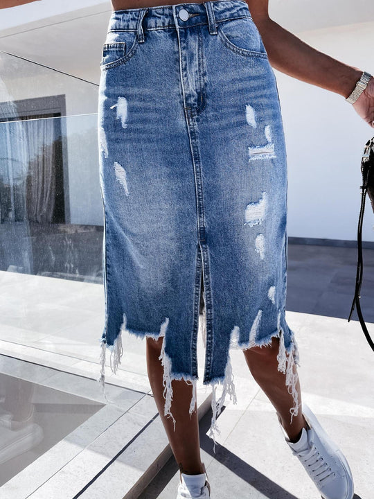 Damen Jeansrock mit ausgefransten Säumen und dekorativen Rissen EB