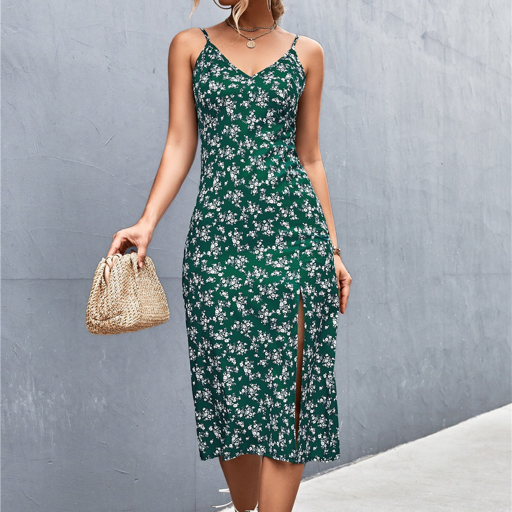 Damen Midi-Kleid mit floralem Design und eleganter Schlitz-Detailierung EB