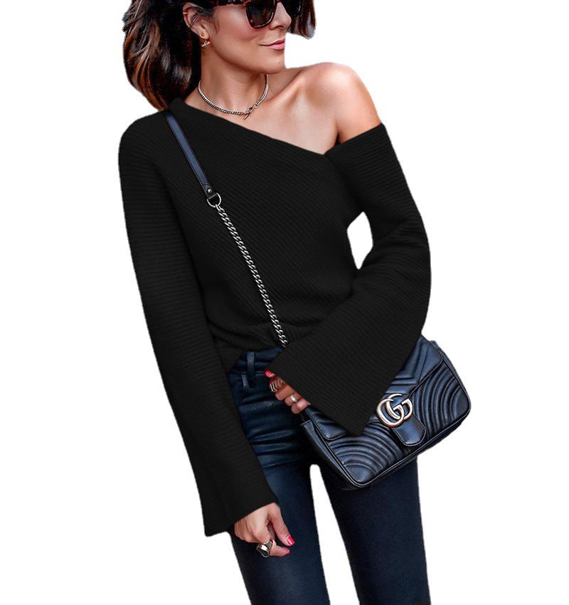 Damen asymmetrischer Grobstrickpullover mit lässigen Bellärmeln EB