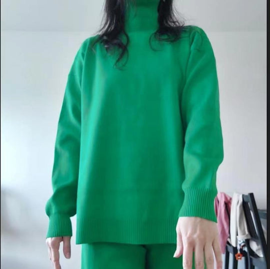 Damen Lässiges Strickset mit hohem Kragen und weitem Bein EB