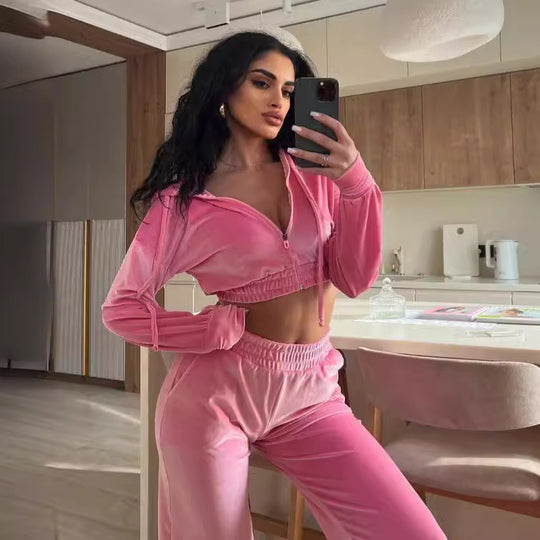 Damen nan kurzes Samt Trainingsset mit Reißverschluss Hoodie und weiter Bund Jogginghose EB