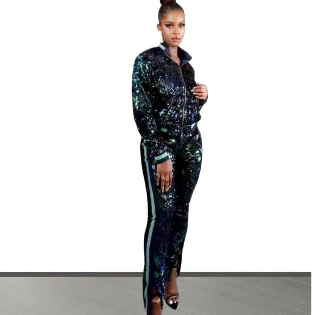 Damen Glitzerndes Sportanzug-Set mit trendigen Streifen EB