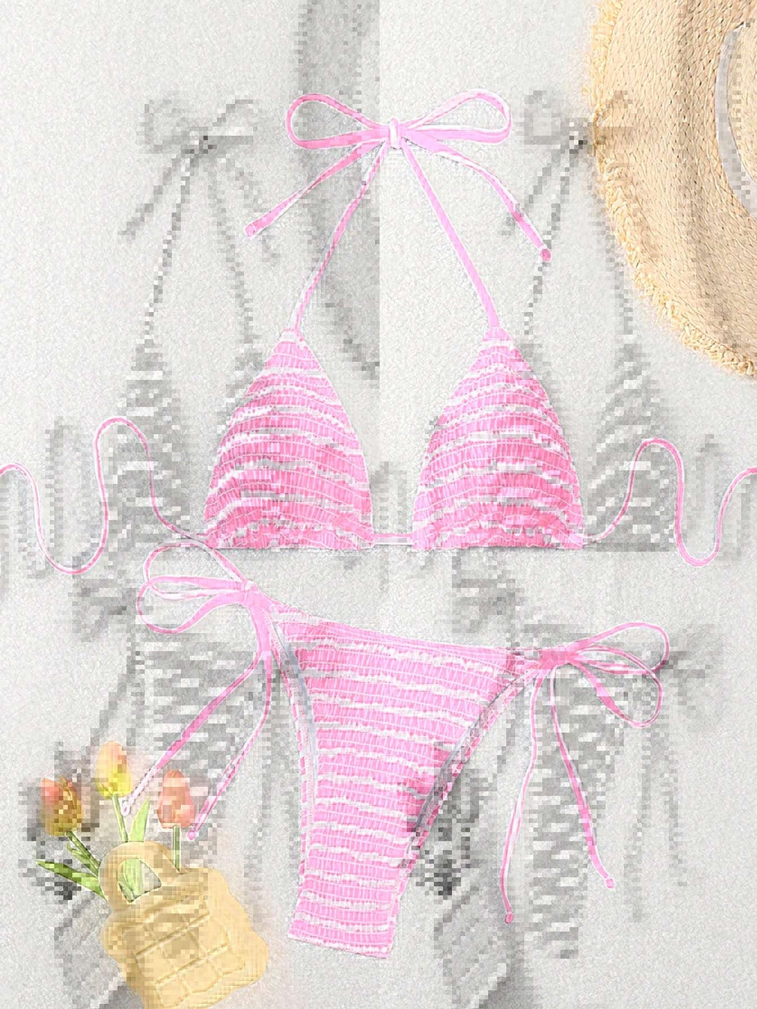 Damen Triangel-Bikini mit feinem Streifenmuster und raffinierten Bindebändern EB