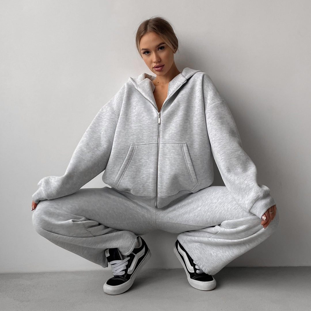 Damen Baumwoll-Fleece Lounge-Set mit Oversize-Zip-Hoodie und Palazzo-Sweatpants EB