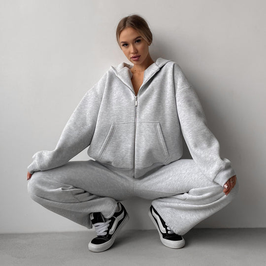 Damen Baumwoll-Fleece Lounge-Set mit Oversize-Zip-Hoodie und Palazzo-Sweatpants EB