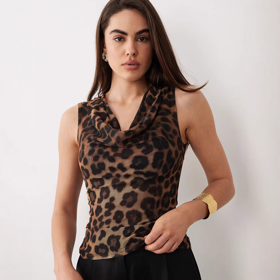 Damen Cowl-Neck Top mit Leopardenmuster und figurbetontem Schnitt EB