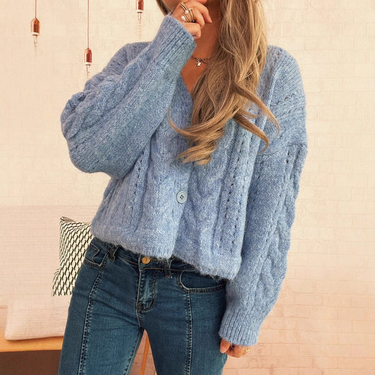 Damen kuschelige Strickjacke mit Zopfmuster und V-Ausschnitt EB