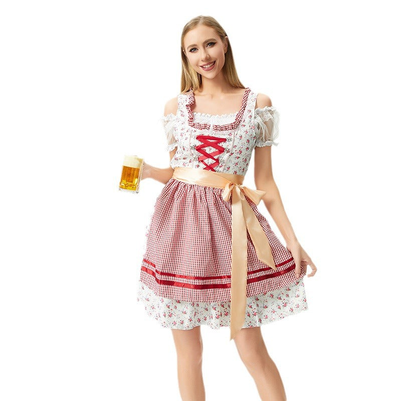 Damen nan traditionelles Oktoberfest Dirndl mit geschnürter Miederpartie, Rüschen und Satin-Schürze EB