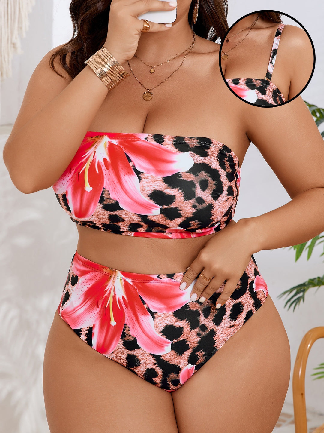 Damen Bandeau-Bikini mit floralem und tierischem Muster EB