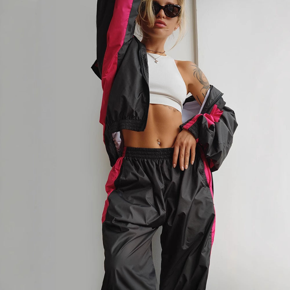 Damen nan sportives Trainingsanzug-Set mit Windbreaker-Jacke und weitem Hosenbein EB