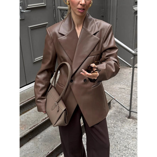 Damen Oversized Blazer aus hochwertigem Kunstleder mit doppelter Knopfverschluss EB