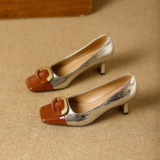 Damen elegante Pumps mit quadratischem Zehenbereich und modischer Schnallenapplikation EB