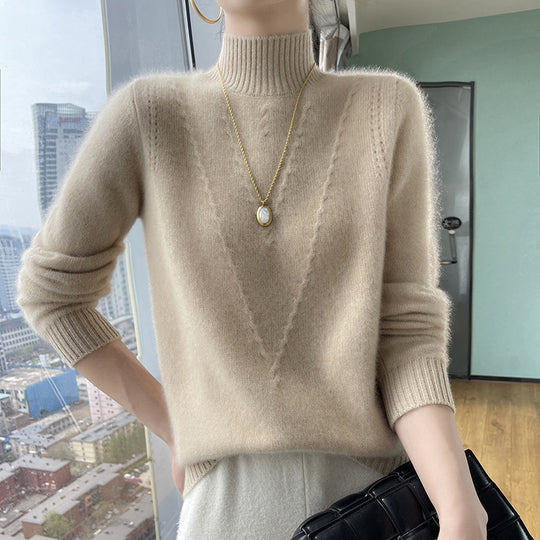 Damen weicher Strickpullover mit hohen Kragen und V-Design EB