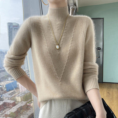 Damen weicher Strickpullover mit hohen Kragen und V-Design EB