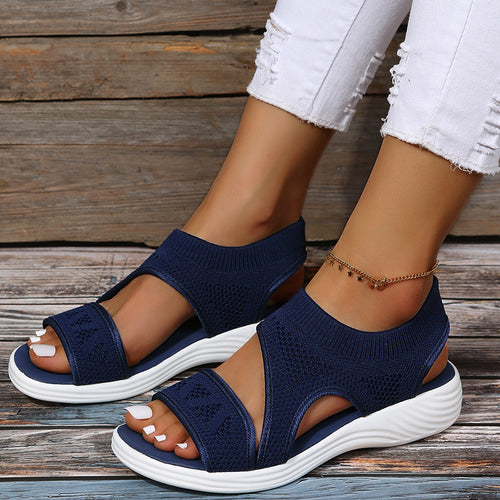 Damen Komfortable Keil-Sandalen mit atmungsaktivem Strickdesign und elastischen Riemen EB
