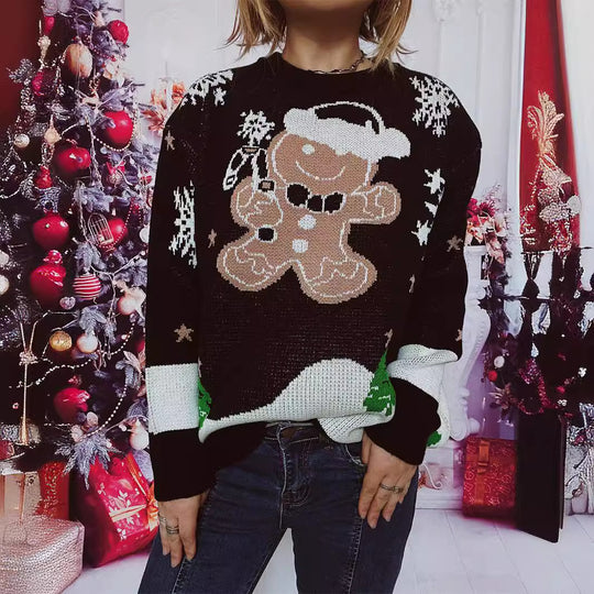 Damen Weihnachts-Pullover mit gingerbread-Motiv und Rundhalsausschnitt EB