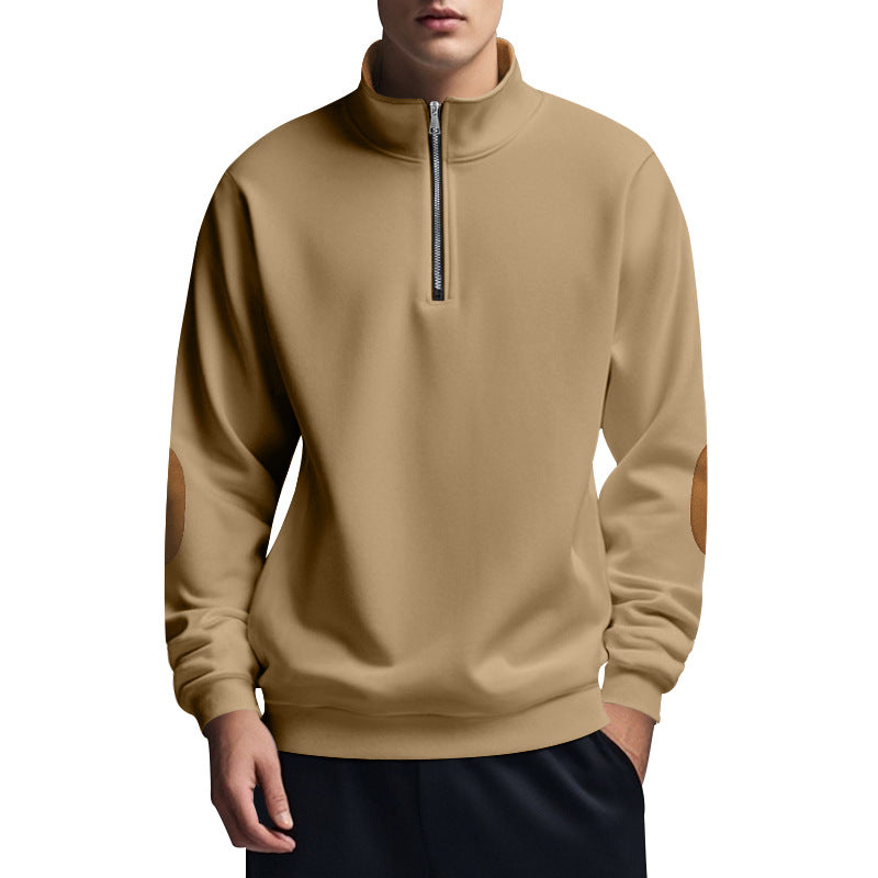 Herren nan halbhoher Zip-Pullover mit Stehkragen, Ellbogen-Patches und modernem Regular Fit EB