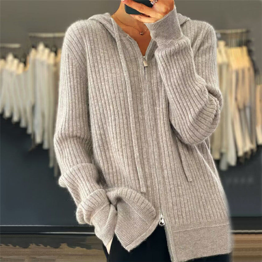 Damen nan oversized Rippstrick-Kapuzencardigan mit Zwei-Wege-Reißverschluss und Kaschmir-Blend EB