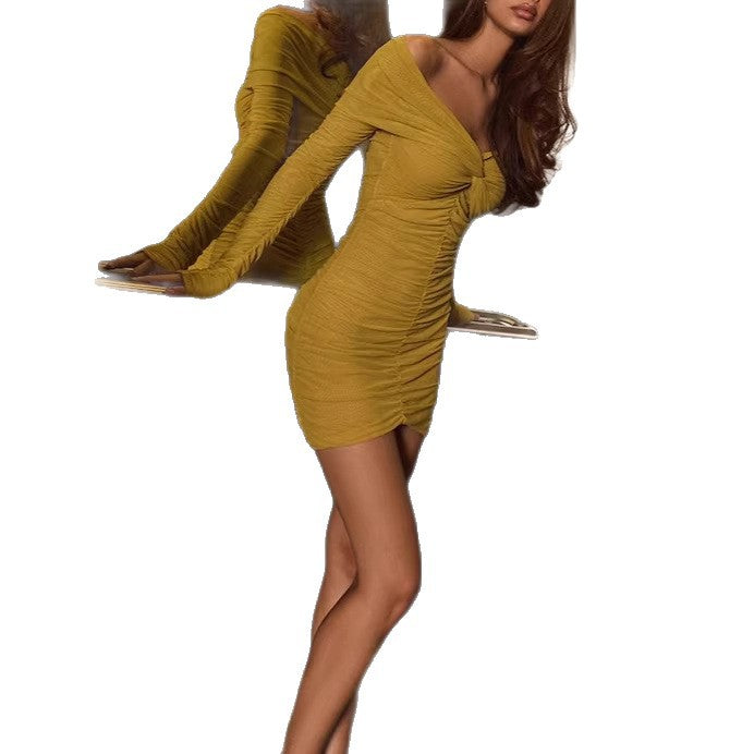 Damen figurbetontes Wickelkleid mit schulterfreien Ärmeln und Raffung EB
