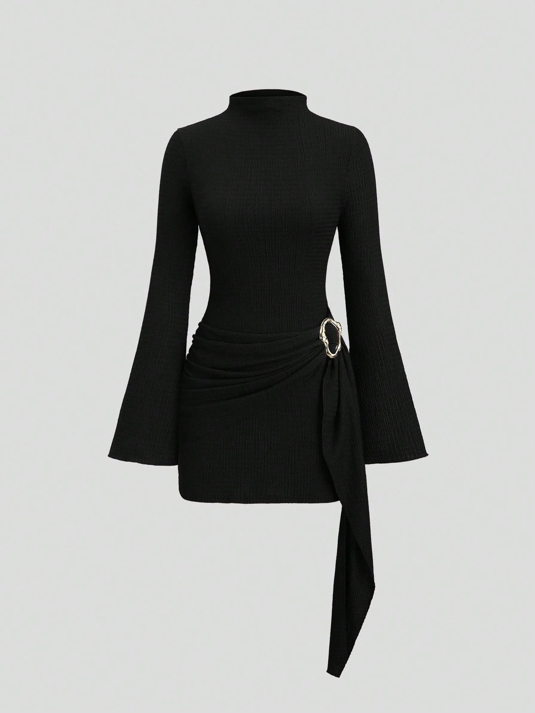 Damen nan figurbetontes Strick-Minikleid mit Stehkragen, Trompetenärmeln und seitlichem Drapé mit Zierring EB