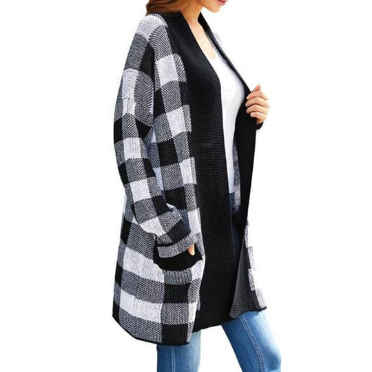 Damen Langarm Strickjacke mit kariertem Muster und offenem Design EB