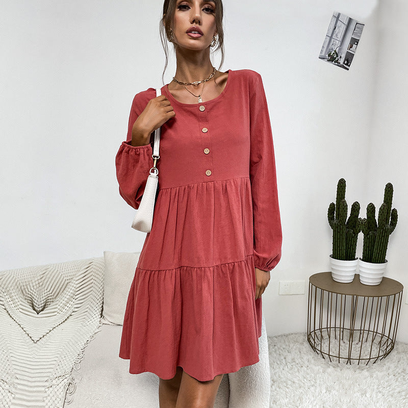 Damen Freizeitkleid mit Knopfdetails und voluminösem Rock EB