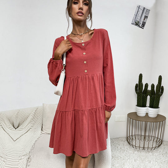 Damen Freizeitkleid mit Knopfdetails und voluminösem Rock EB