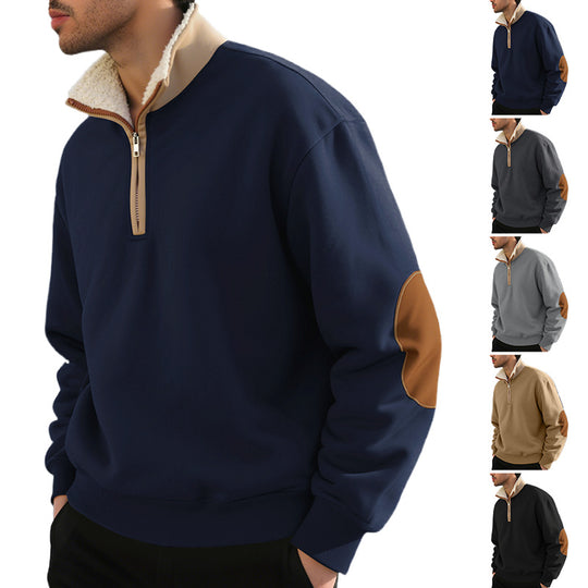 Herren nan legeres Halbzip-Sweatshirt mit Sherpagefüttertem Stehkragen und Kunstleder-Ellenbogenapplikation EB