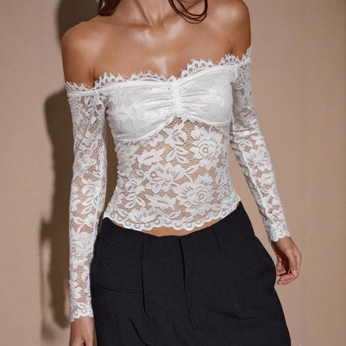 Damen nan schulterfreies semitransparentes Spitzen-Top mit Carmen-Ausschnitt, Raffung am Bustier und langen Ärmeln EB