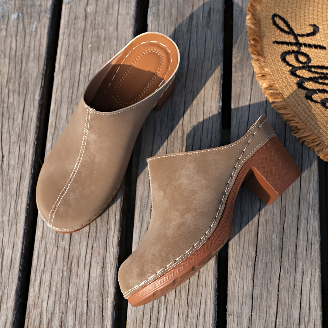 Damen Elegante Clogs aus hochwertigem Wildleder mit komfortablem Blockabsatz EB