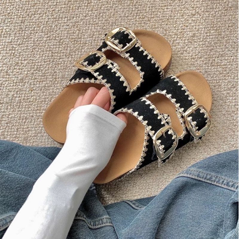 Damen Comfort-Sandalen mit zweifachen verstellbaren Riemen, gepolstertem anatomischem Fußbett und goldener Metallschnalle EB