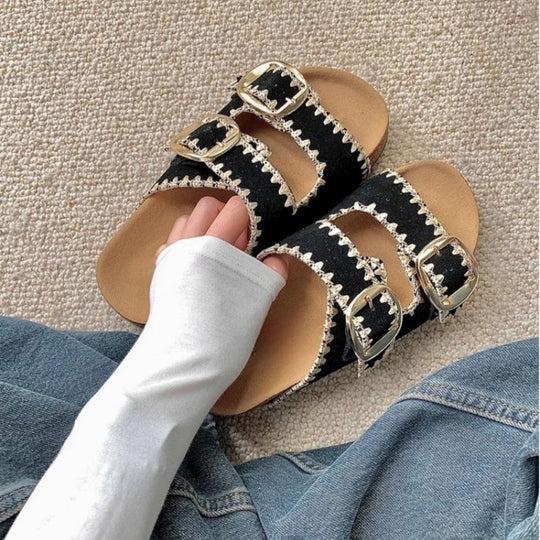 Damen Comfort-Sandalen mit zweifachen verstellbaren Riemen, gepolstertem anatomischem Fußbett und goldener Metallschnalle EB