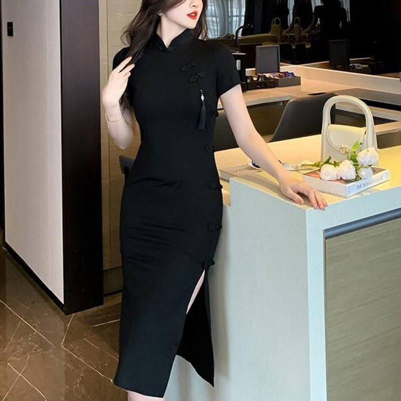 Damen elegantes Bodycon-Kleid mit hohem Schlitz und kurzen Ärmeln EB