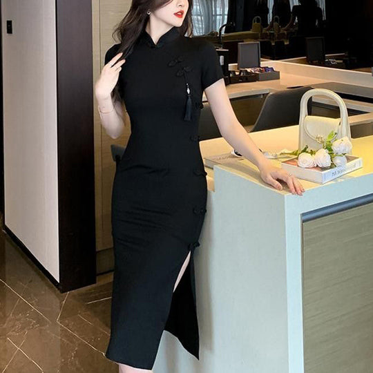 Damen elegantes Bodycon-Kleid mit hohem Schlitz und kurzen Ärmeln EB