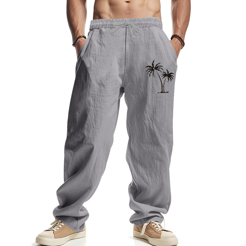 Herren Leichte Leinenoptik-Freizeithose mit elastischem Bund, Kordelzug & Palmen‑Stickerei EB