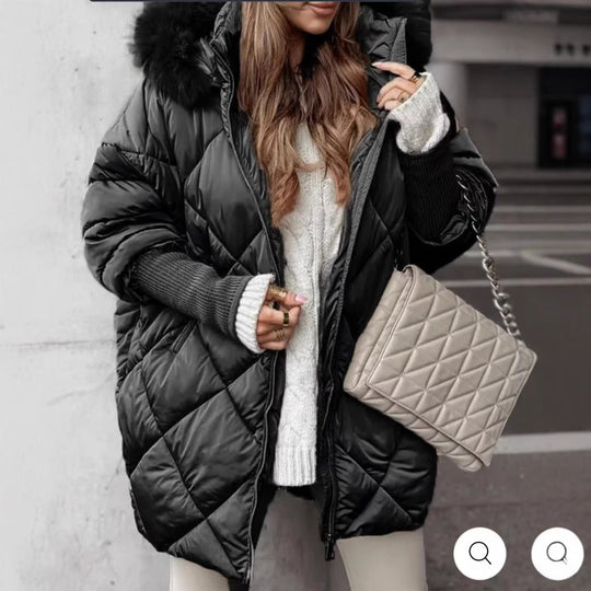 Damen gestepptes Winterparka mit abnehmbarer Kapuze EB